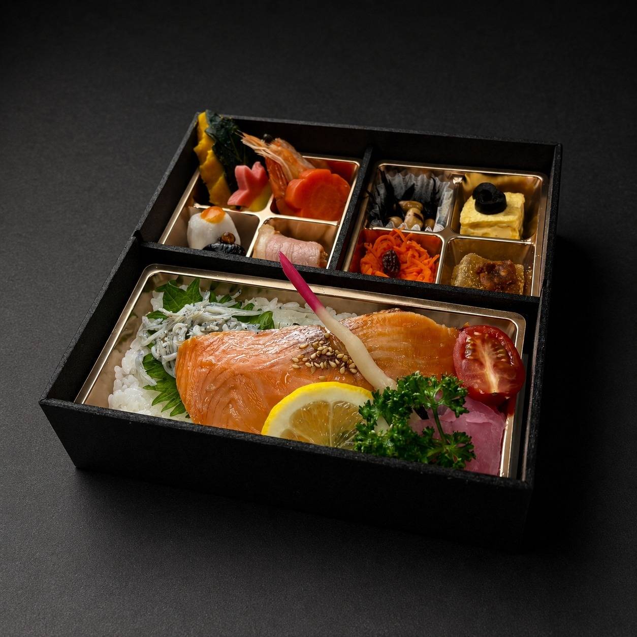【肉幕ノ内御膳】42.サーモン西京焼と釜揚げしらす幕ノ内膳