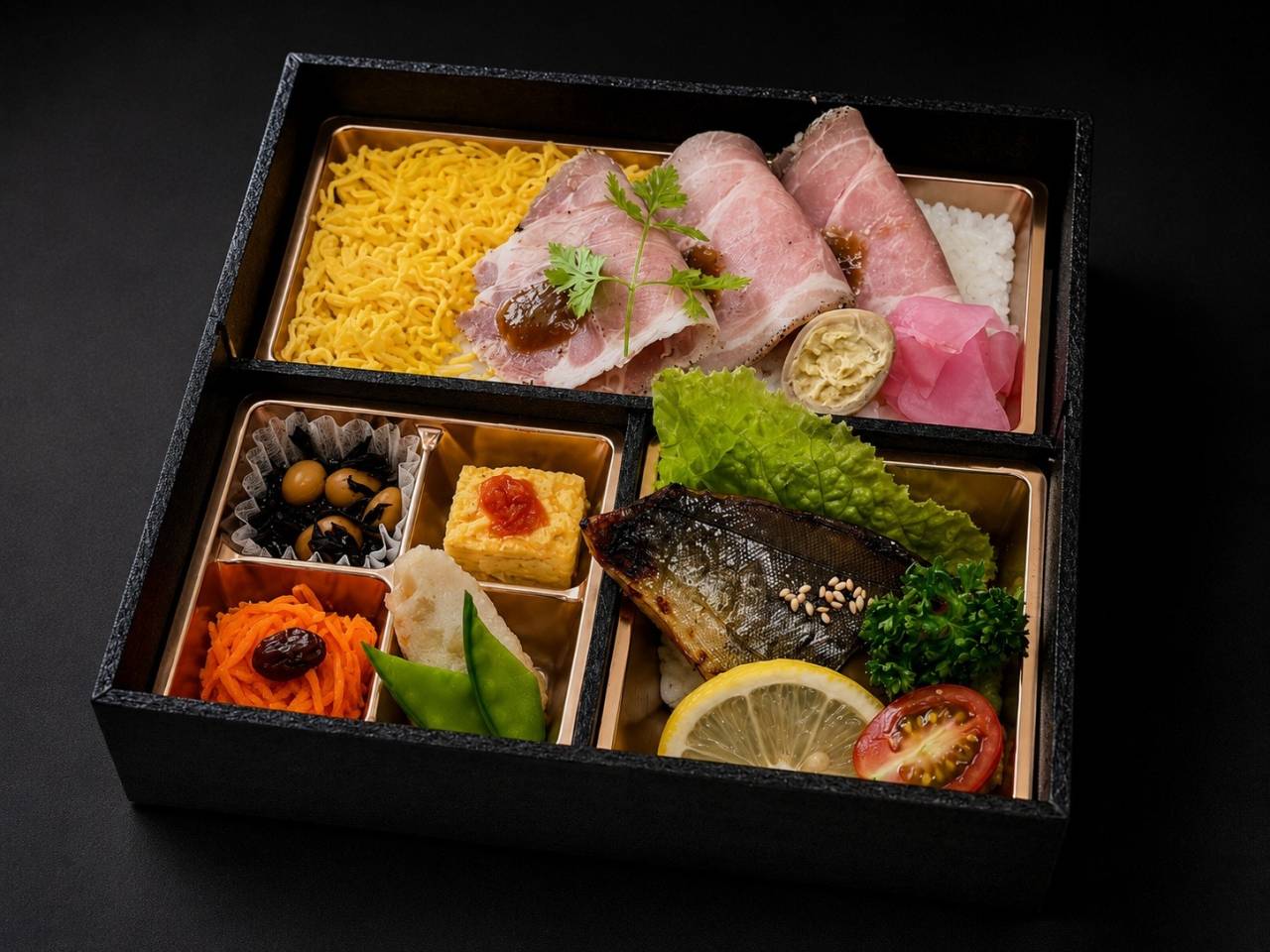 【肉幕ノ内御膳】46.しっとりローストポークと季節魚西京焼の彩り幕ノ内膳